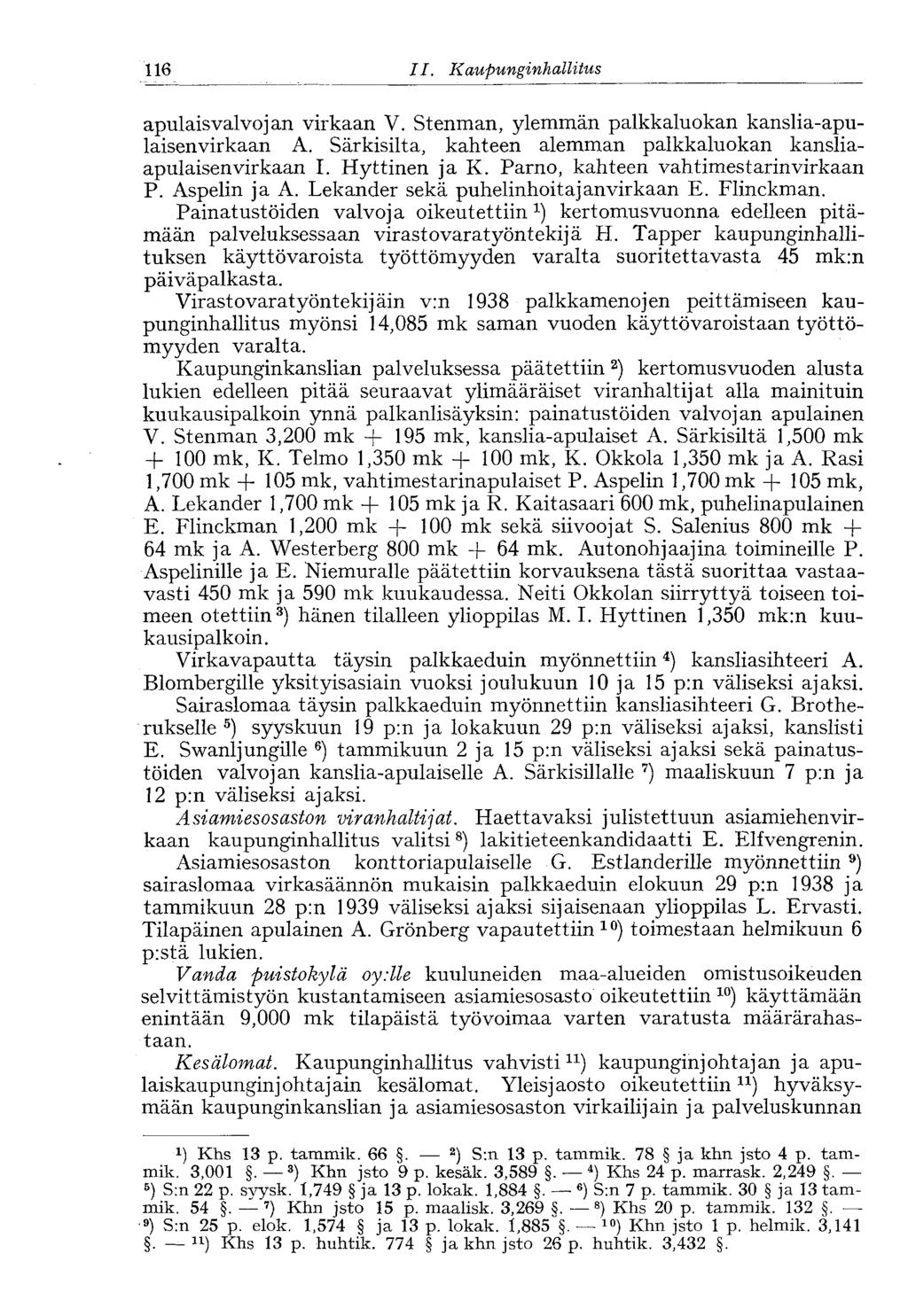 116 II. Kaupunginhallitus' apulais valvojan virkaan V. Stenman, ylemmän palkkaluokan kanslia-apulaisenvirkaan A. Särkisiltä, kahteen alemman palkkaluokan kansliaapulaisenvirkaan I. Hyttinen ja K.
