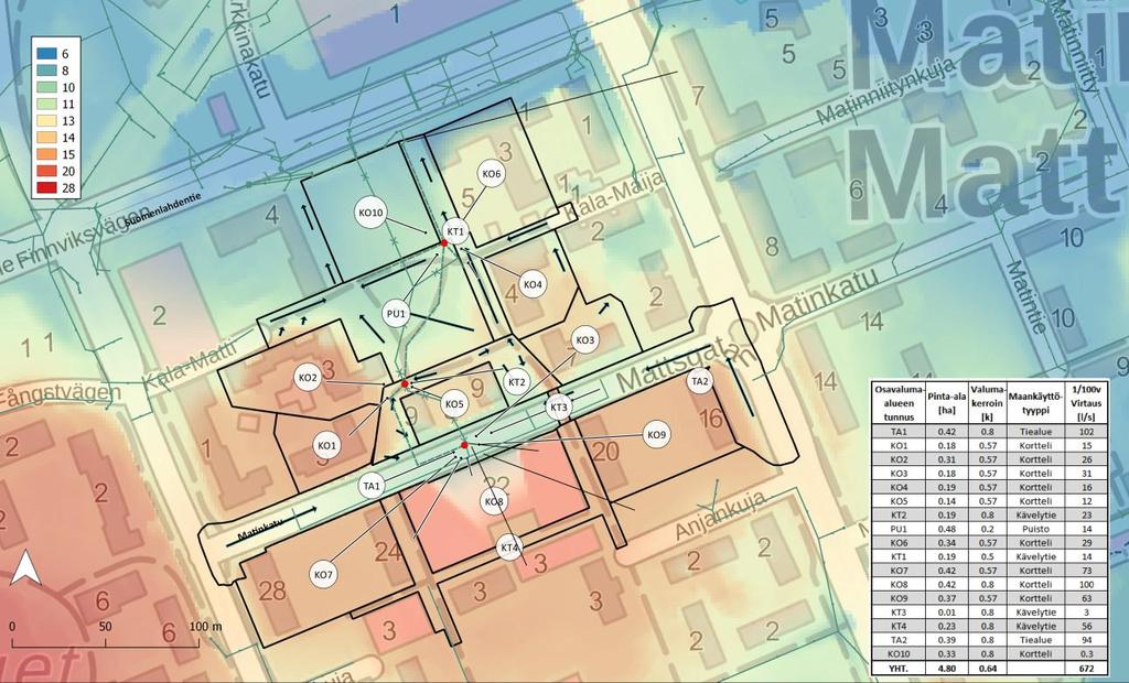 Matinkadun hulevesiselvitys 6.2.2018 3 (6 Kuva 1 Ote valuma-aluekartasta. Selitetekstejä ja korkomerkintöjä sisältävä valuma-aluekartta on liitteenä 1.