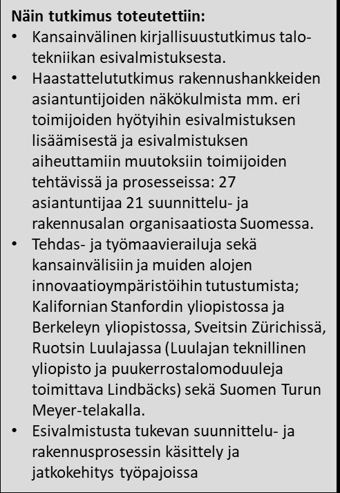 Tutkimuksen tausta Teollinen rakentaminen, ja sen alla etenkin esivalmistus, on nähty keskeisenä keinona parantaa rakennusalan tuottavuutta, laatua ja luotettavuutta.
