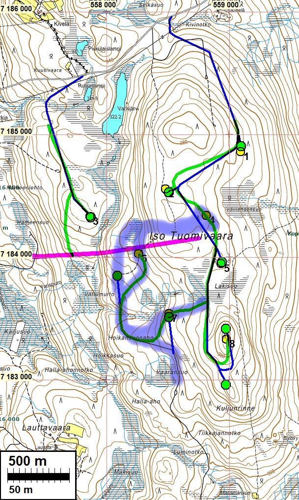 6 Liite: tarkastetut alueet Kartalla on sinisellä kuvattu tarkastetut maastot, keskimääräisenä esityksenä.