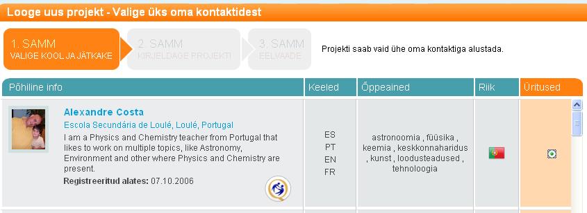 Projekti registreerimiseks valige oma kontaktide nimekirjast partner, kellega tahate projektitööd