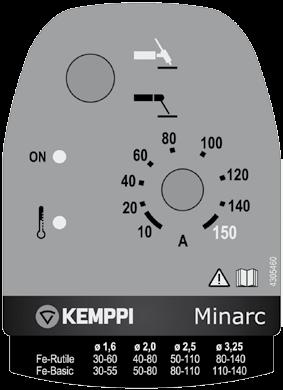 Minarc 150, 151 / Kemppi Oy / 1117 3.2 Käyttötoiminnot Katso myös kohdat 2.4. Laitteen kokoonpano sekä 3.4. Hitsaaminen. 1. ON-merkkivalo, (VRD: 'VRD safe ON') 2. Hitsausprosessin valintakytkin 3.