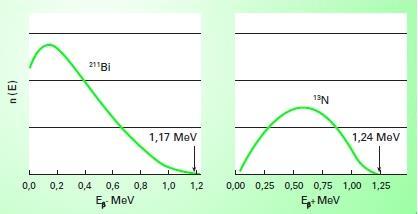 Kuva 4. Tyypilliset β - ja β+-säteilyn spektrit. (Lähde [11, s. 23]) β -hajoamisessa ytimen neutroni hajoaa protoniksi ja elektroniksi, ja samalla emittoituu myös antineutriino.