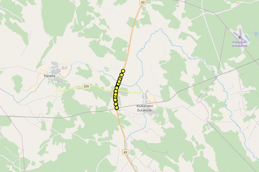 10 5 PILOTTIKOHDE JA MITTAUSTEN SUORITTAMINEN Hankkeen pilottitestaus suoritettiin kantatiellä 43 välillä Kiukainen-Panelia. (kuva 7.) n. 2,2 km matkalla 12.9.2017.