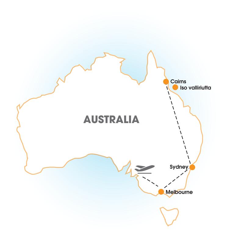 MATKAOHJELMA 1. päivä, 2.1. Doha Lähtö Helsingistä Dohaan, jonne saavutaan iltapäivällä. Jatkolento Merlbourneen lähtee klo 21.00. 2. päivä, 3.1. Melbourne Saapuminen Merlbourneen iltapäivällä.