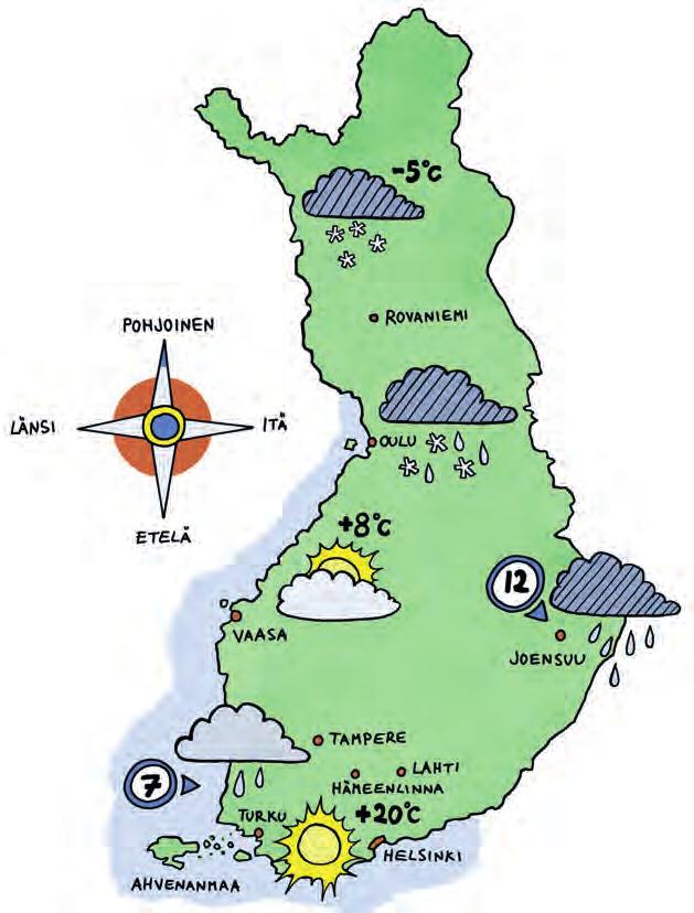 11. Katso kuvaa ja kerro, millainen ilma on a) Helsingissä b) Joensuussa c) Vaasassa d) Rovaniemellä 12.