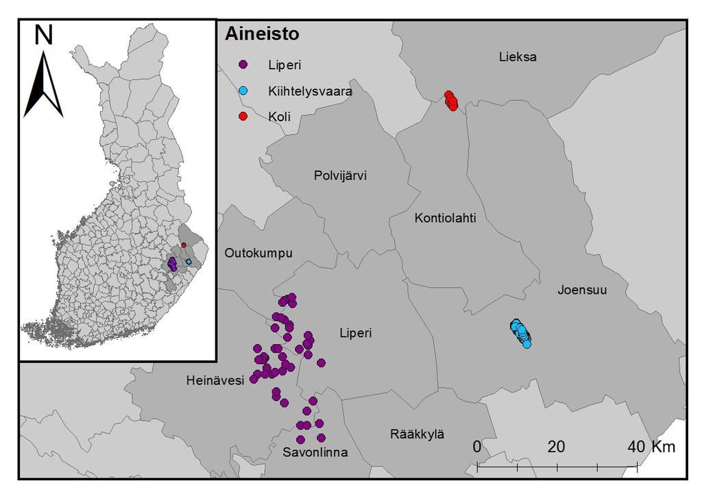 20 2 AINEISTO JA MENETELMÄT Tutkimuksessa käytettävä aineisto oli peräisin Itä-Suomesta kolmelta eri alueelta Pohjois-Karjalasta ja osittain Etelä-Savosta, sillä referenssiaineisto oli peräisin