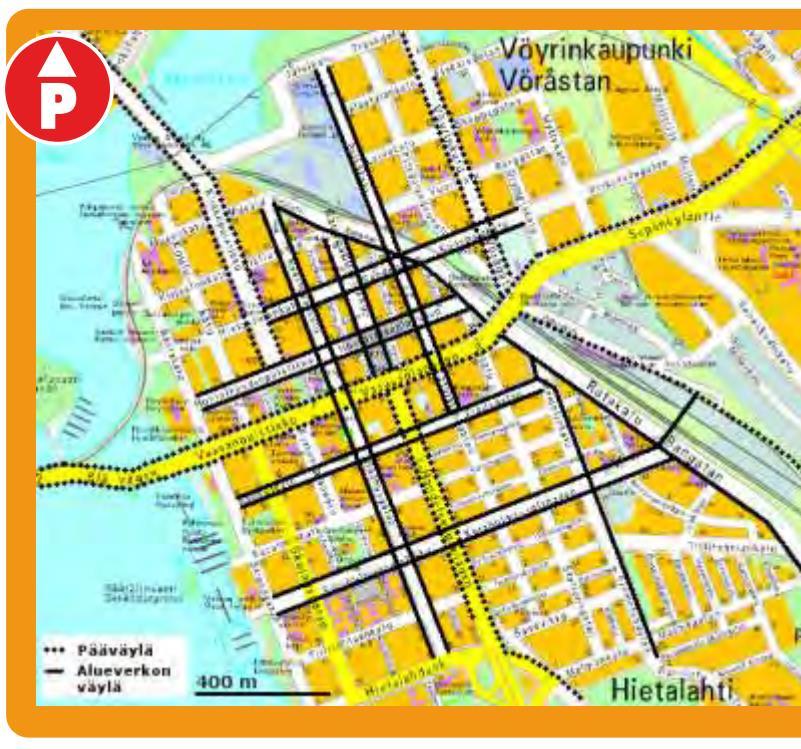 YLEISSUUNNITELMA 8 / 15 Kuva 8 Pyöräilyn tavoiteverkko keskustassa (Lähde: Vaasan kävelyn ja