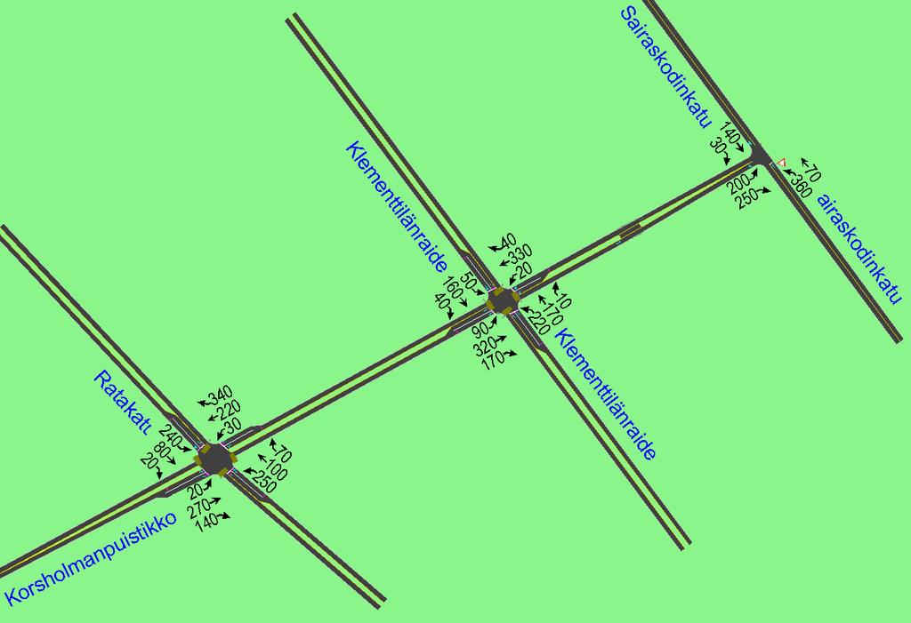 YLEISSUUNNITELMA 12 / 15 3.3 Liikenteen toimivuus Liikenteen toimivuustarkastelut laadittiin Synchro/SimTraffic ohjelmalla iltapäivän huipputunnille vuonna 2040.