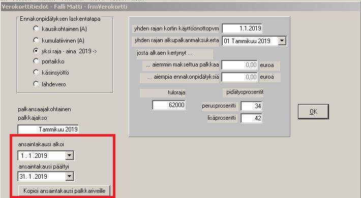 Ansaintakauden muuttaminen Palkanmaksukertaa perustettaessa syötetään oletusansaintakausi kaikille