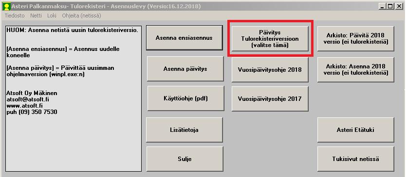 1. PÄIVITYKSEN ASENTAMINEN Suosittelemme päivityksen asentamista netistä, jotta saat aivan uusimman ohjelmaversion. Jos käytät cd:tä, laita se asemaan ja sulje palkanmaksuohjelma.