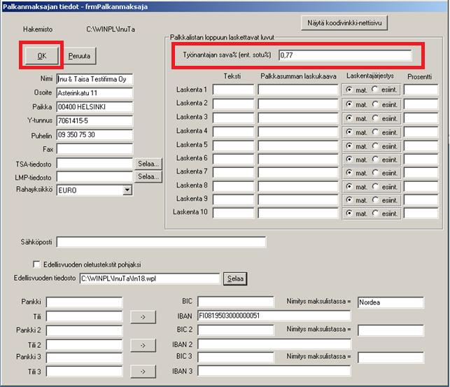 Tarkista yrityksen perustiedot ja sava%. Paina ok.
