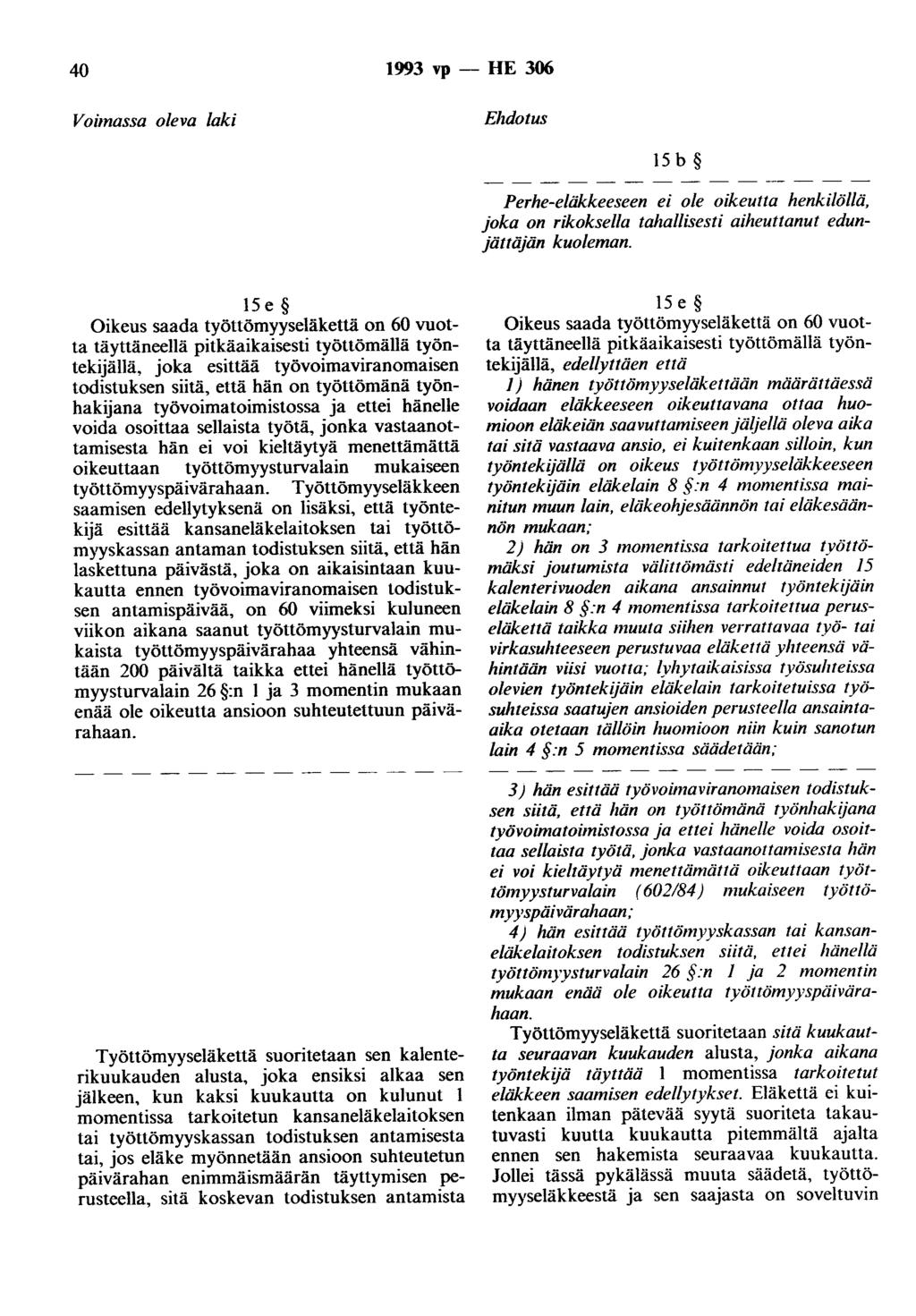 40 1993 vp - HE 306 Voimassa oleva laki Ehdotus 15 b Perhe-eläkkeeseen ei ole oikeutta henkilöllä, joka on rikoksella tahallisesti aiheuttanut edunjättäjän kuoleman.