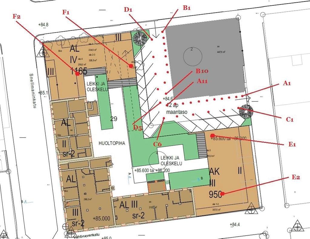 Dokumentin numero: 0037030307A 12 / 26 Kuva 4.2. Mittapisteet punaisilla pisteillä kaavoituspohjakuvassa. Tummalla pohjalla ovat jo olemassa olevat rakennukset.