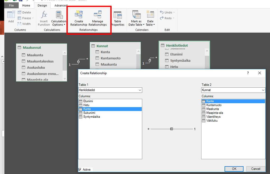 Taulukoiden kytkeminen Taulukot voidaan kytkeä toisiinsa myös Designvälilehden Create ja Manage