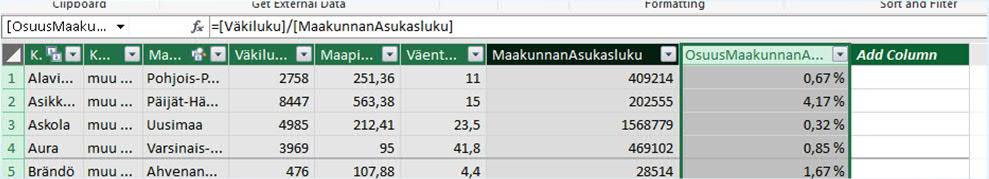 Tuodaan maakunnan asukasluku Kunnat-tauluun ja nimetään kuvaavasti