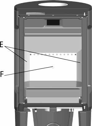 DANSK 1. Skrab asken gennem risten (fig. 8 A) i fyrbunden og ned i askeskuffen. Brug en handske eller lign., tag fat i håndtaget til askeskuffen, og bær asken ud. 2.