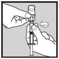 Pidä tiukasti kiinni injektiopullon välikappaleesta, aseta ruiskun kärki välikappaleeseen ja kierrä ruiskua toisella kädellä myötäpäivään, kunnes se on tiukasti