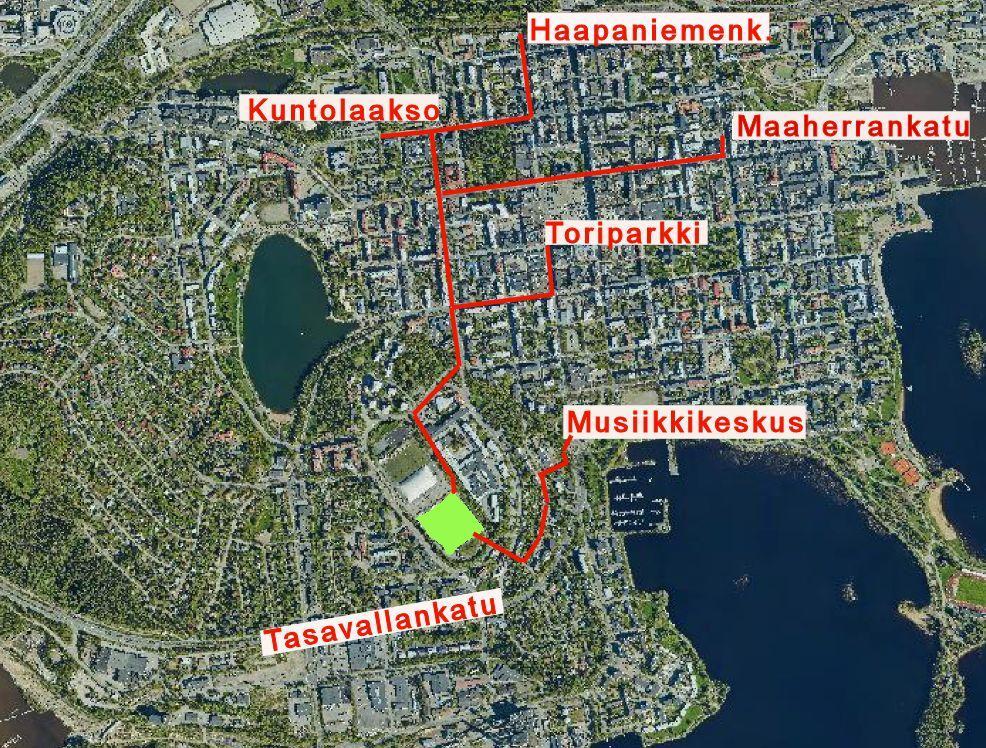 Kuopion kaupunki Keskuskentän jalkapallostadion 13 Kuva 8 Kaupungin pysäköintilaitokset sijaitsevat noin kilometrin päässä stadionalueesta.