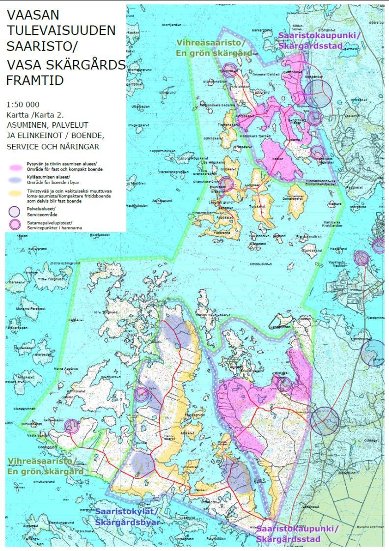 BOENDE, SERVICE OCH NÄRINGAR ASUMINEN, PALVELUT JA ELINKEINOT Ny kompakt stadsstruktur i Västervik skärgård och Sundoms strandzon: Skärgårdsstaden Den nuvarande fritidsbosättningen längs stränderna