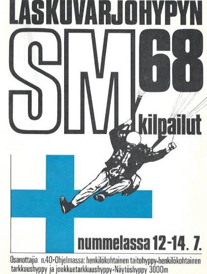 Neljännet laskuvarjourheilun SM-kilpailut Kilpailut järjestettiin Nummelassa 12. 14.7.1968. Paikallinen kisajärjestäjä ja -isäntä oli Suomen Laskuvarjokerho.