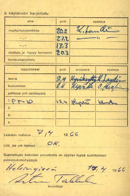 Lauri Lake Oksanen kävi SLK:ssa hyppykurssin keväällä 1966. Yllä olevasta koulutuskortista voi päätellä, että koulutusta on annettu kaikissa aineissa, joissa se on tarpeen ennen ensimmäistä hyppyä.