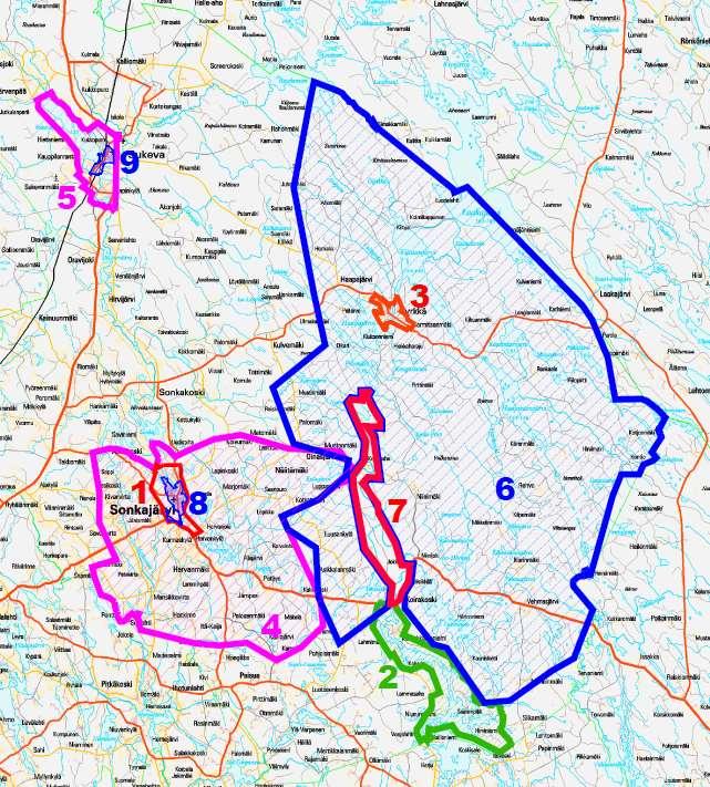 SONKAJÄRVEN KUNTA KAAVOITUSKATSAUS 2018 2(5) 4. YLEISKAAVOITUS Oheisesta kuvasta ilmenee Sonkajärven kunnan alueella voimassa olevat oikeusvaikutteiset yleiskaavat: 1.