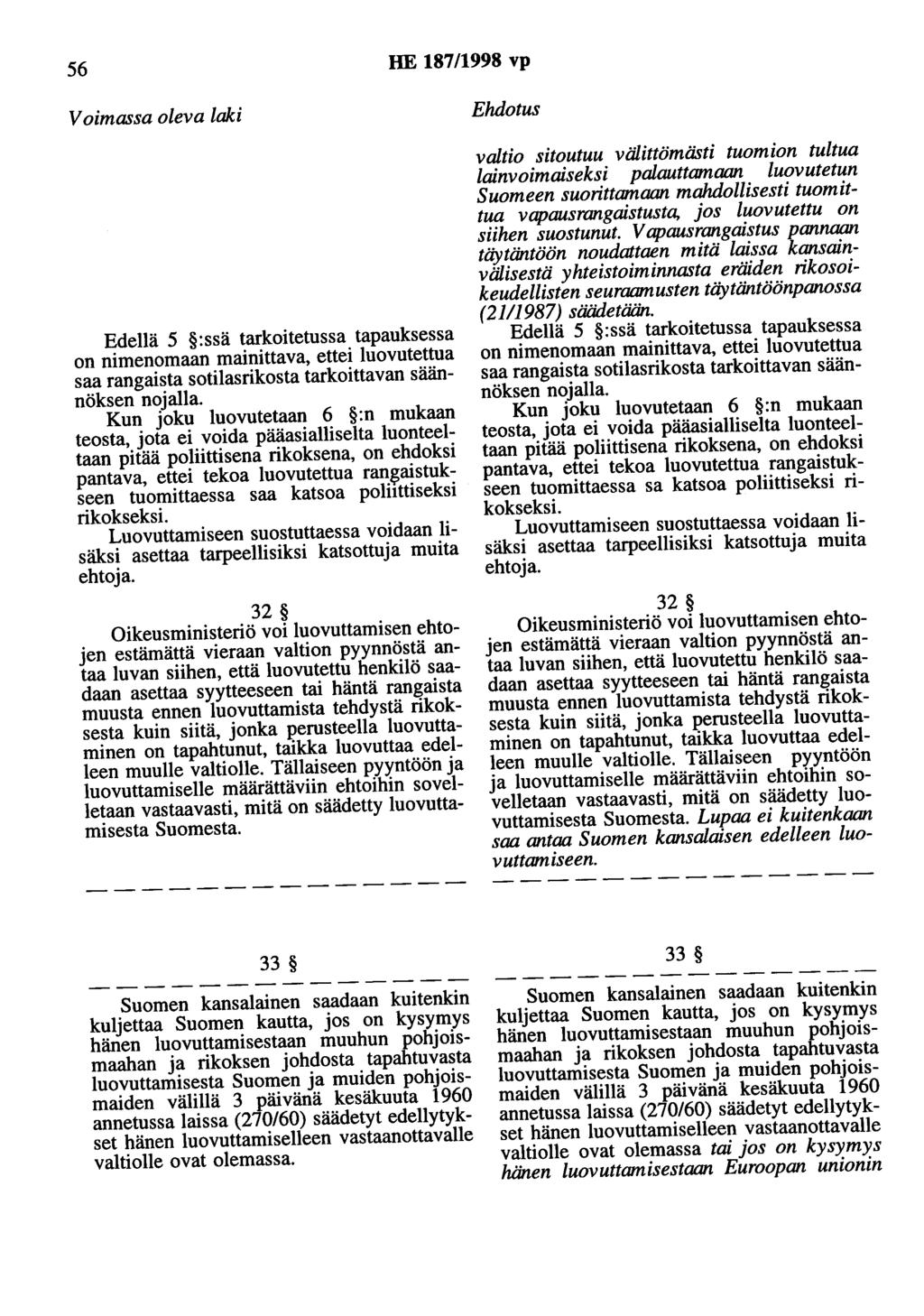 56 HE 187/1998 vp Voimassa oleva laki Edellä 5 :ssä tarkoitetussa tapauksessa on nimenomaan mainittava, ettei luovutettua saa rangaista sotilasrikosta tarkoittavan säännöksen nojalla.