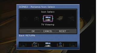 Rename/Icon Select Muuta toimintosarjan nimeä ja kuvaketta, joka näkyy etulevyn näytössä tai televisioruudussa.? Käyttöönotto Valitse kuvake nuolipainikkeilla (t/u) ja paina nuolipainiketta (q).