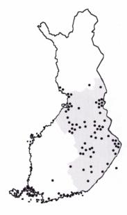 Kuva 1. Suomalaiset CLD-potilaat polveutuvat lähes poikkeuksetta ns. myöhäisen asutuksen alueilta. Karttaan on merkitty pistein kaikkien tunnettujen potilaiden vanhempien syntymäpaikkakunnat.