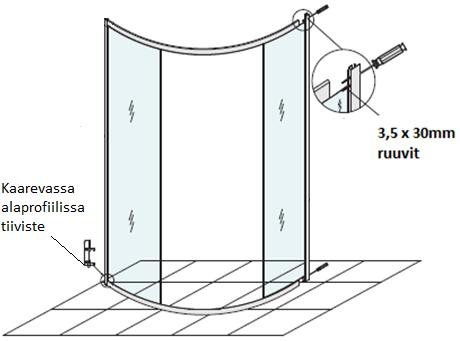 Vaihe 3 Ota kiinteän lasiseinäelementin (kirkas lasi) takareunan päällä oleva alumiiniprofiili pois paikaltaan. Näin saat näkyviin kaarien (ylös ja alas) kiinnityskohdat.