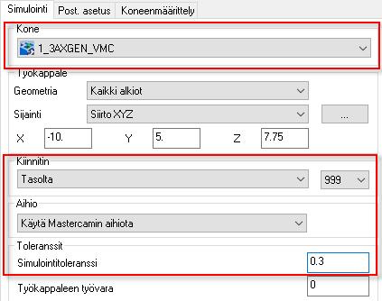 Konesimulointi 4: 3-akselisten työstöratojen konesimulointi d. Anna Simuloinnin toleranssiksi 0.3. 8. Klikkaa Simuloi nähdäksesi kappaleen työstökoneessa. 9.