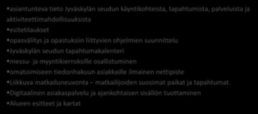 tapahtumakalenteri messu- ja myyntikierroksille osallistuminen omatoimiseen tiedonhakuun asiakkaille ilmainen nettipiste Liikkuva matkailuneuvonta matkailijoiden suosimat