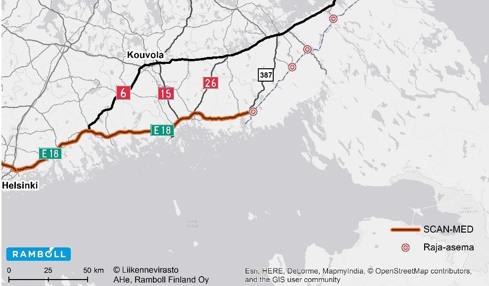 Vt 6 pitkin E18 Koskenkylä 2. Vt 6 ja tien 387 kautta E18 Vaalimaa 3. Vt 6 ja tien 26 kautta E18 Hamina 4.