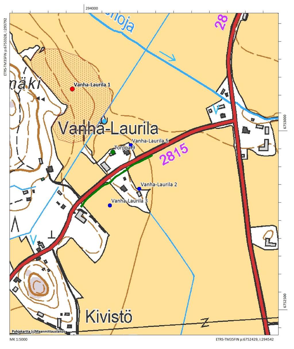 Kohteen sijaintikartta Peruskarttaote tutkimusalueelta 1:5000. Valvottu kaivanto vihreällä värillä.