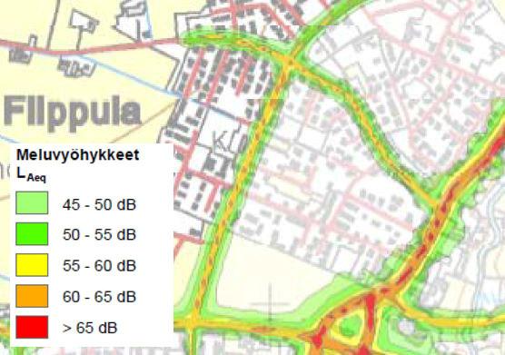 Filppula kortteli 2143, Asemakaavamuutoksen selostusehdotus 7 Liikenneselvityksen mukaan Talvitien katualueella liikenteestä aiheutuva melu yltää tasolle 55-65dB.