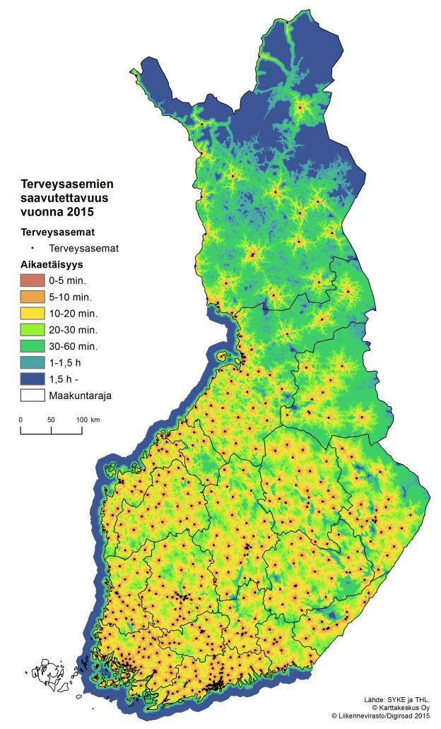 Terveysasemien saavutettavuus Aikaetäisyys, mediaani Tie-etäisyys, mediaani Maaseudun paikalliskeskukset Maaseudun paikalliskeskukset Kaupunkien kehysalue Kaupunkien