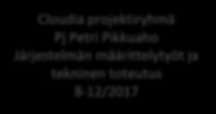 kun viranomaistehtävät alatyöryhmä lakannut 3/2018 Cloudia projektiryhmä Pj Petri Pikkuaho Järjestelmän määrittelytyöt ja tekninen toteutus 8-12/2017 Asianhallinta alatyöryhmä Pj