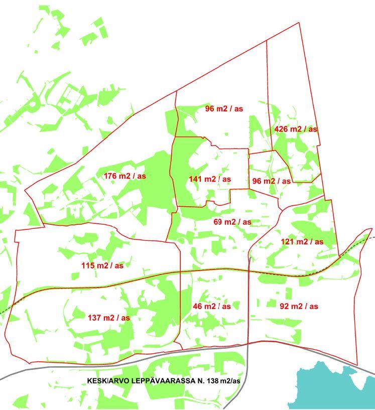 VIHERALUEIDEN MÄÄRÄ ASUKASTA KOHDEN 2011 ESIMERKKEJÄ: Tapiola 162 m2 /as