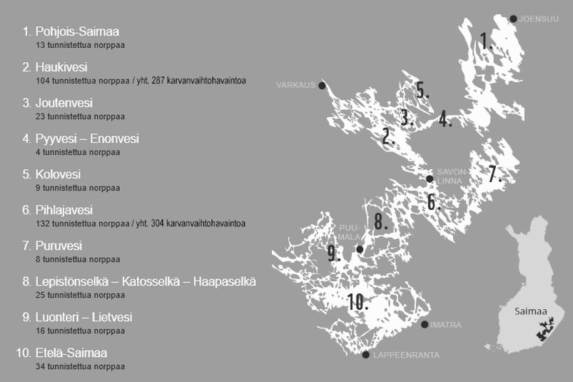 Tutkimuksen aineisto kattaa kaikki Saimaan vesistöalueet, joilta saimaannorppia on havaittu. Saimaa on jaettu yhteensä kymmeneen eri havaintoalueeseen (kuva 1).