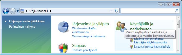 Ohjauspaneeli Klikkaa Käyttäjätilit ja perhekäyttö -kuvaketta Posti