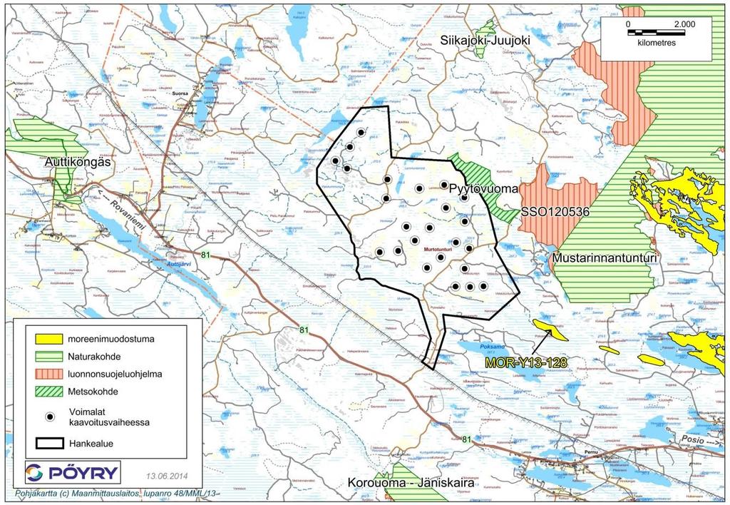 POSION KUNTA 38 Kuva 18. Suunnitellun tuulipuiston läheisyydessä sijaitsevat Natura 2000-alueet, luonnonsuojeluohjelmien alueet sekä muut huomioitavat kohteet. 4.11 