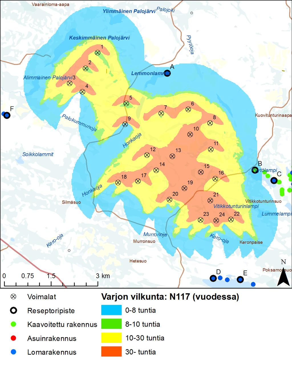 POSION KUNTA 95 Kuva 54. Varjon vilkunnan realistinen määrä tunteina vuodessa, kun pilvisyystilastot on huomioitu.