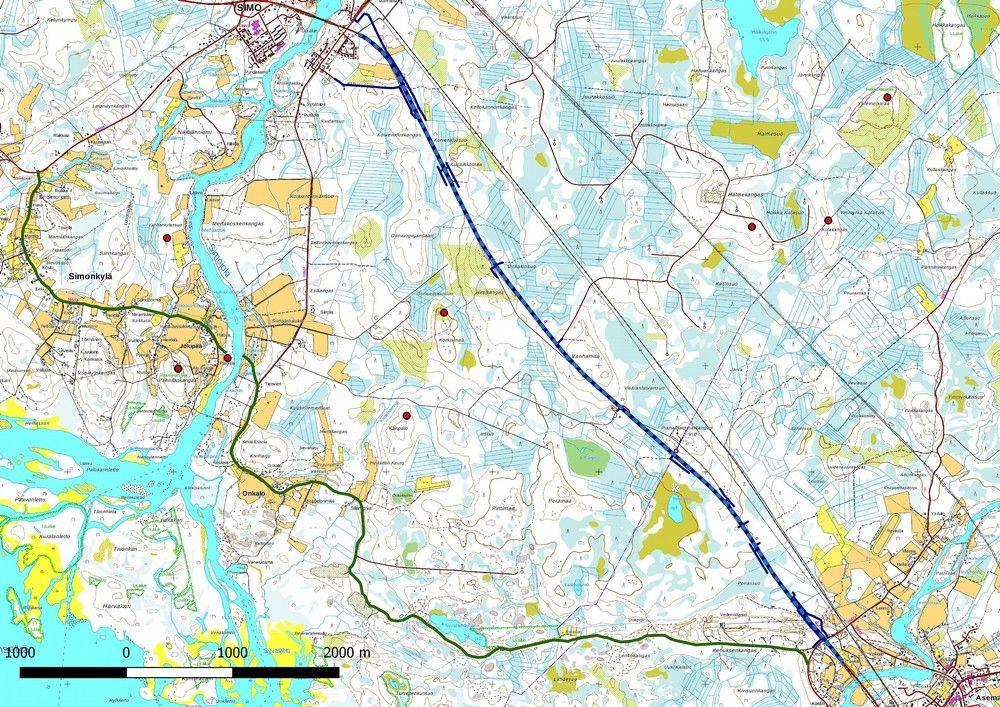 4 Vt:n 4 suunnittelualueet sinisenä viivana, sen länsipuolella historiallinen 1700-luvun liikenteen pääväylän rantatien linjaus tummanvihreänä viivana.