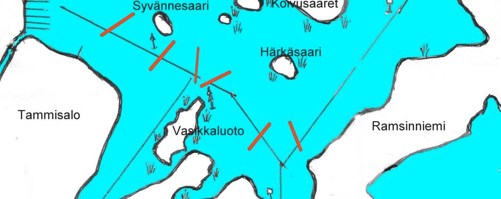 Vartiokylän lahden väylän voi ylittää vajan kohdalta tai Härkäsaaren eteläpuolelta kohti Ramsinniemen kalliota.