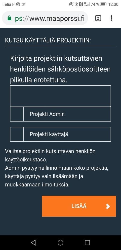 Projektinhallinta, käyttäjä Projektin jäsen - Esim.