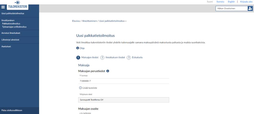 Työnantajan erillisilmoituksen täyttö etenee vastaavasti. Muokkaa-painikkeella siirrytään täyttämään Maksajan tietoja ja Tallenna-painike tallentaa tiedot.