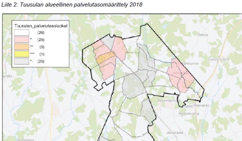 1. Palvelutasomäärittely Tuusulaan määritellyillä palvelutasoluokitteluilla saadaan noin 80 %