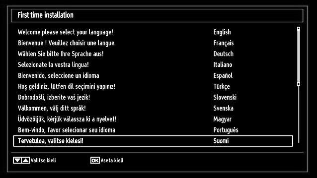 Ensiasetus TÄRKEÄÄ: Varmista, että antenni tai kaapeli on liitetty ja CI-moduulia ei ole kytketty ennen TV:n alkuasetusta.
