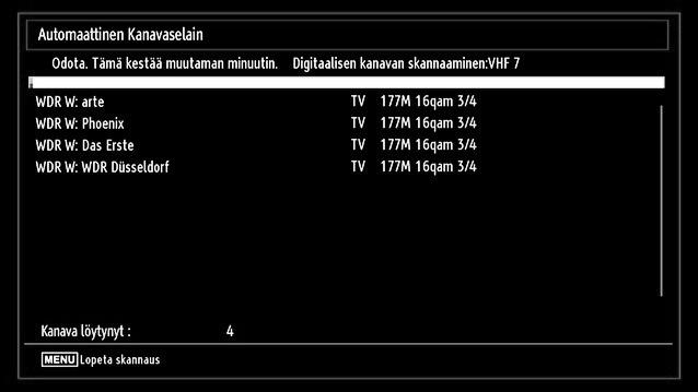 Kun olet valmis, paina OK-näppäintä aloittaaksesi automaattihaun. Jos valitset ANTENNI tai KAAPELI hakutyyppivalikosta, TV etsii digitaalisia TV-lähetyksiä.